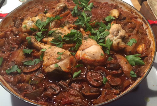 Academy Awards Braised Chicken Drum Sticks In Tomato Sauce With Eggplant, Potatoes, Mushrooms and Kalamata Olives